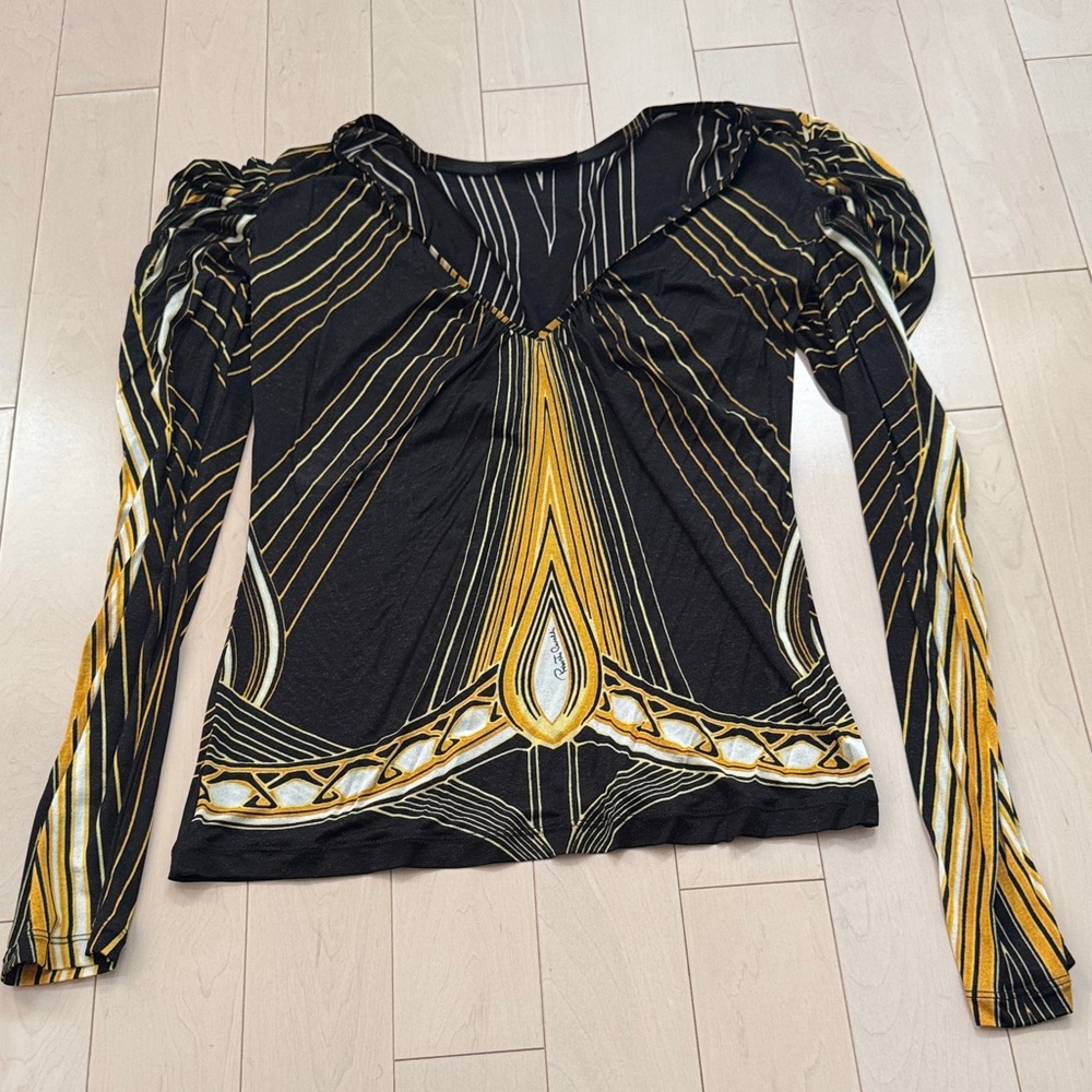 Roberto Cavalli Black Yellow Women's Long Sleeve Top Roughed Shoulders Size 46